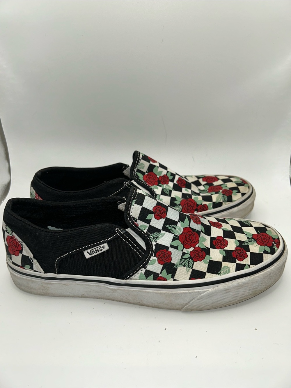 Vans floral black and white checkerboard slip on sneakers size 8